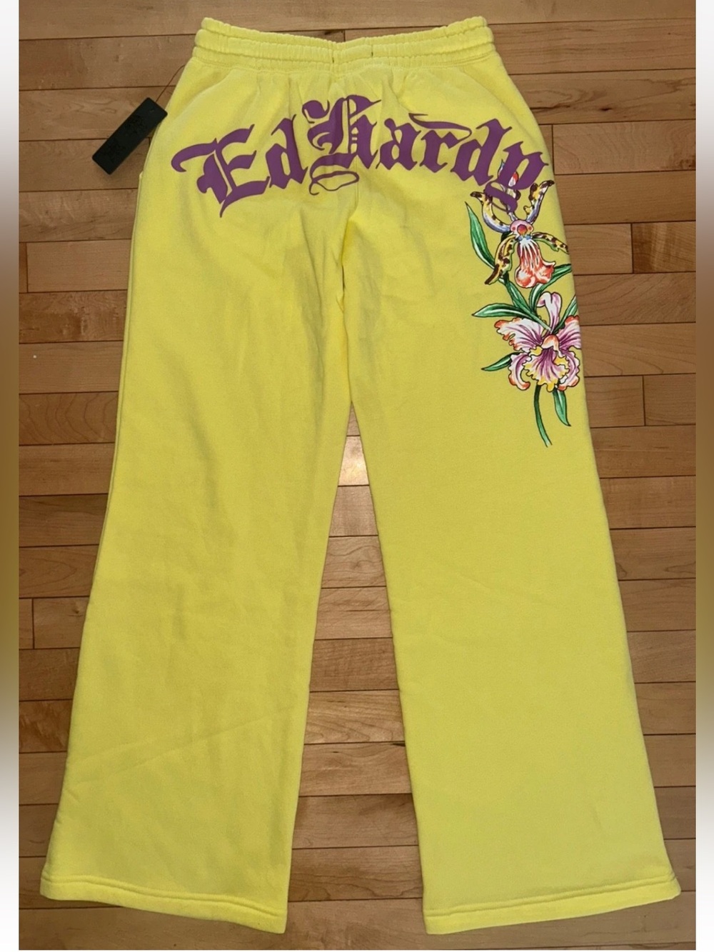 NEW! ED HARDY Phoenix Wide Leg Logo Sweatpant in Lemon Size XS